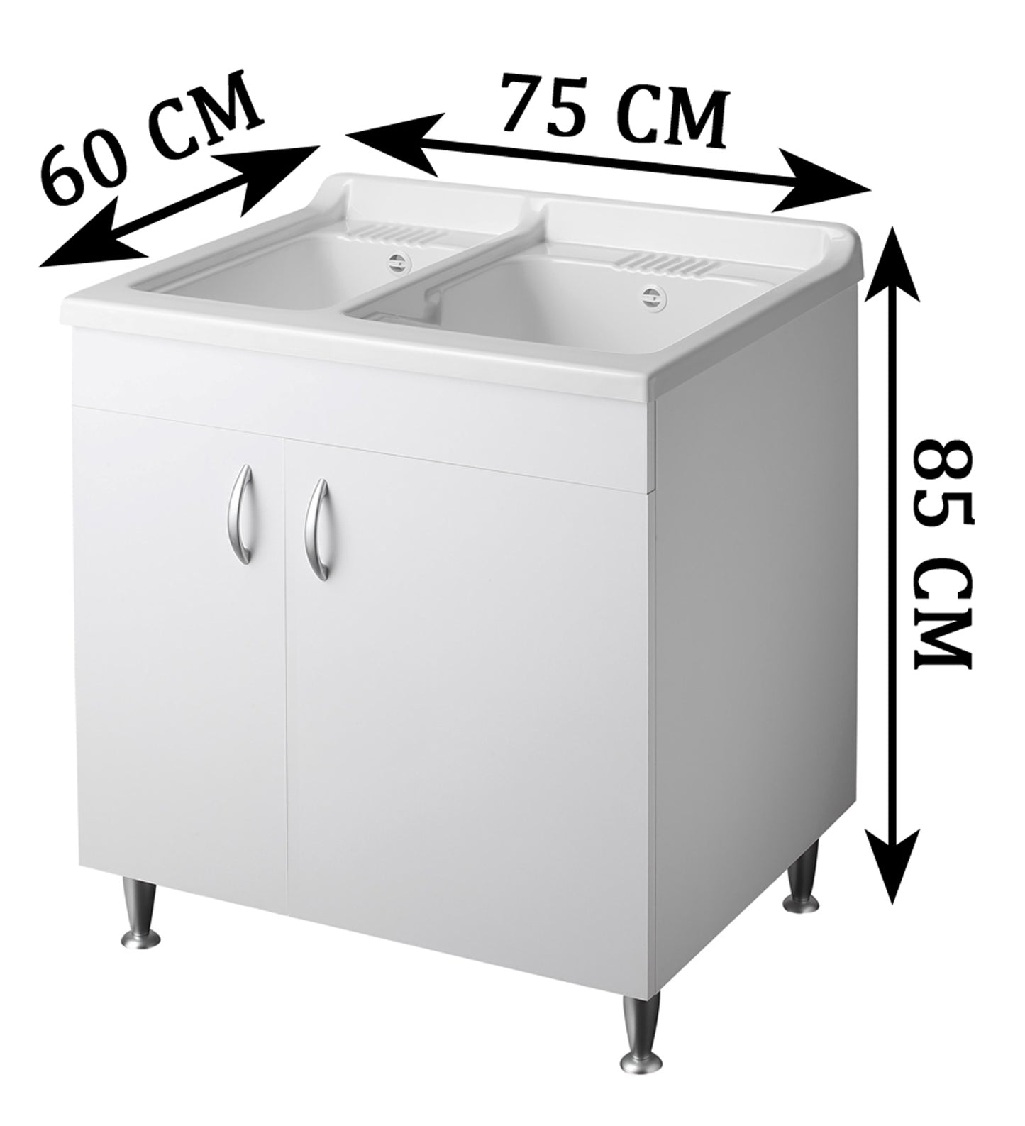 Negrari Eco Bianco Lavatoio 75x60 L75 P60 H85 CM Lavapanni Interno Bagno Lavanderia Base Mobile Nobilitato Idrofugo Legno Due Vasche Lavabo Lavandino Lavello Resina Plastica Asse PP Sifone Piedini Regolabili 2 Ante Sportelli Battenti Qualità Medio Alta