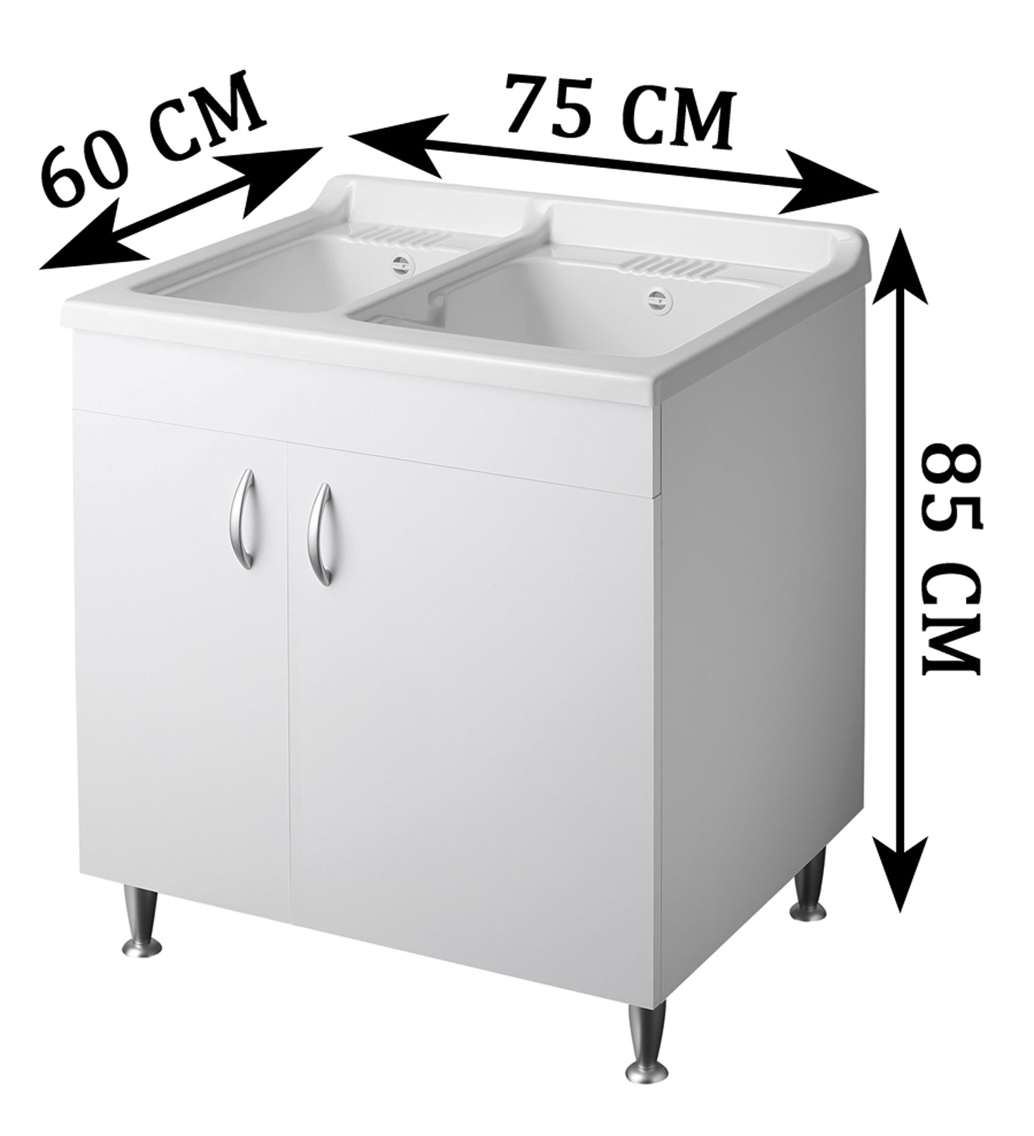 Negrari Eco Bianco Lavatoio 75x60 L75 P60 H85 CM Lavapanni Interno Bagno Lavanderia Base Mobile Nobilitato Idrofugo Legno Due Vasche Lavabo Lavandino Lavello Resina Plastica Asse PP Sifone Piedini Regolabili 2 Ante Sportelli Battenti Qualità Medio Alta