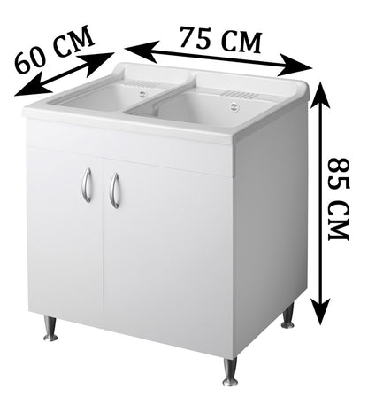 Negrari Eco Bianco Lavatoio 75x60 L75 P60 H85 CM Lavapanni Interno Bagno Lavanderia Base Mobile Nobilitato Idrofugo Legno Due Vasche Lavabo Lavandino Lavello Resina Plastica Asse PP Sifone Piedini Regolabili 2 Ante Sportelli Battenti Qualità Medio Alta