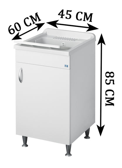 Negrari Eco Bianco Lavatoio Misura 45x60 L45 P60 H85 CM Lavapanni Interno Bagno Lavanderia Base Nobilitato Idrofugo Legno Vasca Lavabo Lavandino Lavello Resina Plastica Asse PP Sifone Piedini Regolabili Ante Sportelli Battenti Economico Qualità Medio Alta