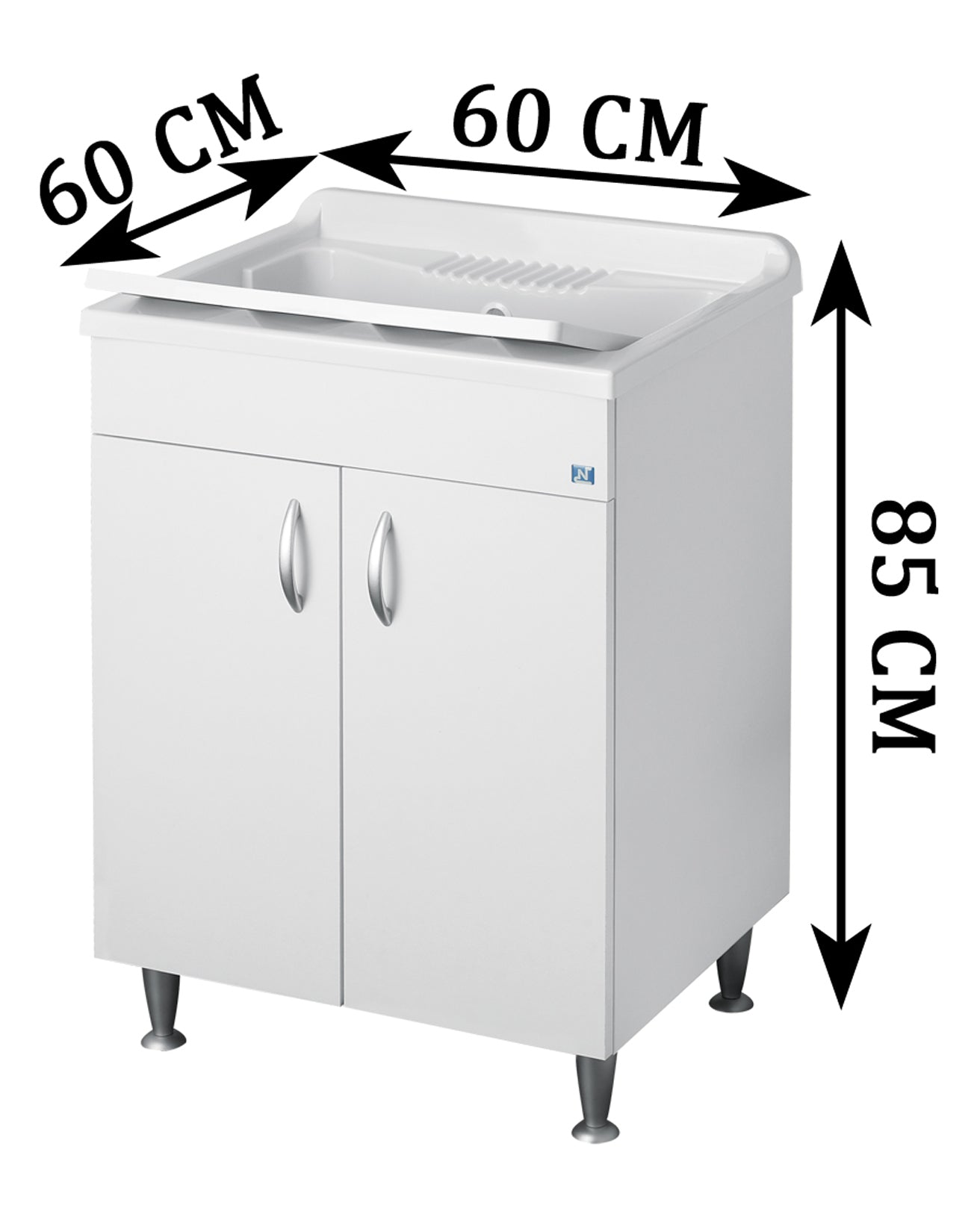 Negrari Eco Lavatoio Bianco Misura 60x60 L60 P60 H85 CM Lavapanni Interno Bagno Lavanderia Base Nobilitato Idrofugo Legno Vasca Lavabo Lavandino Lavello Resina Plastica Asse PP Sifone Piedini Regolabili Ante Sportelli Battenti Economico Qualità Medio Alta