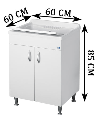 Negrari Eco Lavatoio Bianco Misura 60x60 L60 P60 H85 CM Lavapanni Interno Bagno Lavanderia Base Nobilitato Idrofugo Legno Vasca Lavabo Lavandino Lavello Resina Plastica Asse PP Sifone Piedini Regolabili Ante Sportelli Battenti Economico Qualità Medio Alta