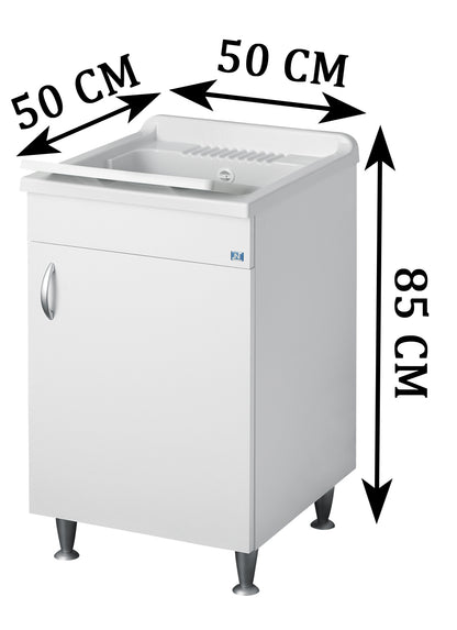 Negrari Eco Lavatoio Bianco Misura 50x50 L50 P50 H85 CM Lavapanni Interno Bagno Lavanderia Base Nobilitato Idrofugo Legno Vasca Lavabo Lavandino Lavello Resina Plastica Asse PP Sifone Piedini Regolabili Ante Sportelli Battenti Economico Qualità Medio Alta