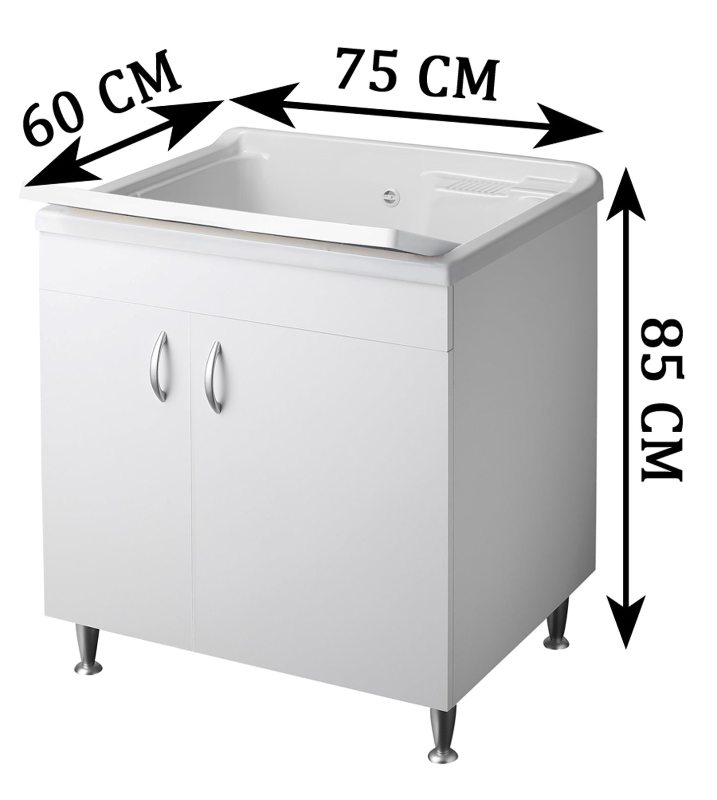Negrari Eco Bianco Lavatoio Misura 75x60 L75 P60 H85 CM Interno Bagno Lavanderia Base Nobilitato Idrofugo Legno Vasca Intera Grande Lavandino Lavello Resina Plastica Asse PP Sifone Piedini Regolabili Ante Sportelli Battenti Economico Qualità Medio Alta