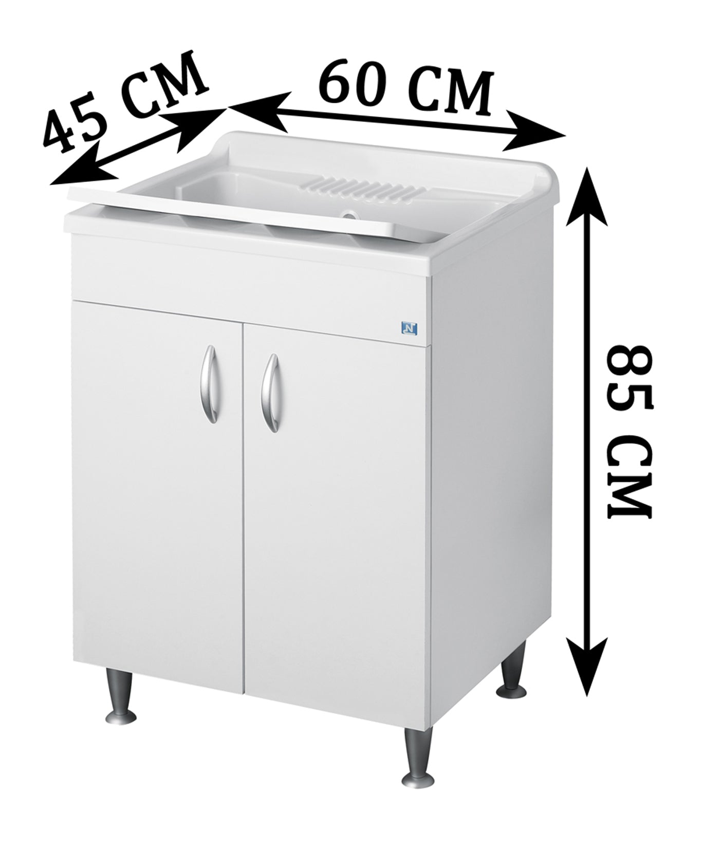 Negrari Eco Lavatoio Bianco Misura 60x45 L60 P45 H85 CM Lavapanni Interno Bagno Lavanderia Base Nobilitato Idrofugo Legno Vasca Lavabo Lavandino Lavello Resina Plastica Asse PP Sifone Piedini Regolabili Ante Sportelli Battenti Economico Qualità Medio Alta