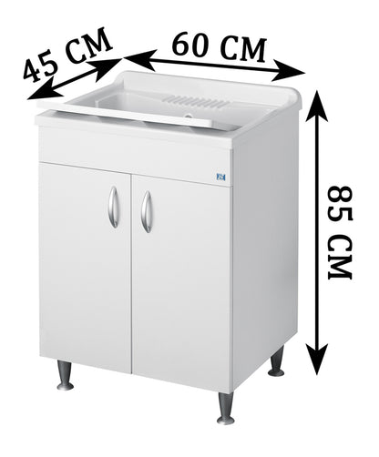 Negrari Eco Lavatoio Bianco Misura 60x45 L60 P45 H85 CM Lavapanni Interno Bagno Lavanderia Base Nobilitato Idrofugo Legno Vasca Lavabo Lavandino Lavello Resina Plastica Asse PP Sifone Piedini Regolabili Ante Sportelli Battenti Economico Qualità Medio Alta