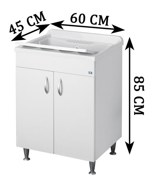Negrari Eco Lavatoio Bianco Misura 60x45 L60 P45 H85 CM Lavapanni Interno Bagno Lavanderia Base Nobilitato Idrofugo Legno Vasca Lavabo Lavandino Lavello Resina Plastica Asse PP Sifone Piedini Regolabili Ante Sportelli Battenti Economico Qualità Medio Alta