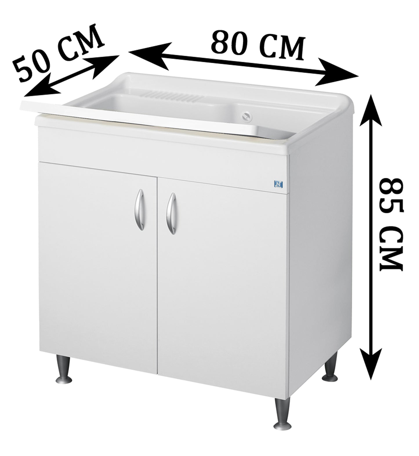Negrari Eco Bianco Lavatoio 80x50 L80 P50 H85 CM Arredo Lavapanni Interno Bagno Lavanderia Base Mobile Nobilitato Idrofugo Legno Vasca Grande Intera Lavabo Lavandino Resina Plastica Asse PP Sifone Piedini Ante Sportelli Battenti Qualità Medio Alta  