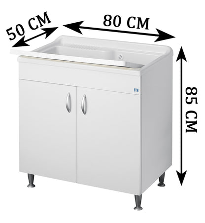 Negrari Eco Bianco Lavatoio 80x50 L80 P50 H85 CM Arredo Lavapanni Interno Bagno Lavanderia Base Mobile Nobilitato Idrofugo Legno Vasca Grande Intera Lavabo Lavandino Resina Plastica Asse PP Sifone Piedini Ante Sportelli Battenti Qualità Medio Alta  