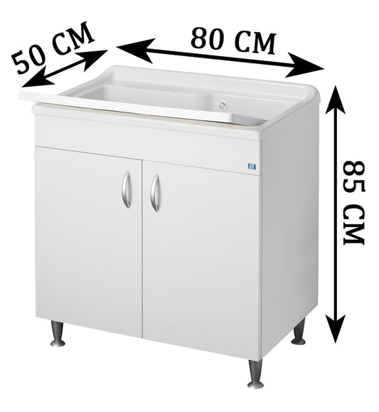 Negrari Eco Bianco Lavatoio 80x50 L80 P50 H85 CM Arredo Lavapanni Interno Bagno Lavanderia Base Mobile Nobilitato Idrofugo Legno Vasca Grande Intera Lavabo Lavandino Resina Plastica Asse PP Sifone Piedini Ante Sportelli Battenti Qualità Medio Alta  