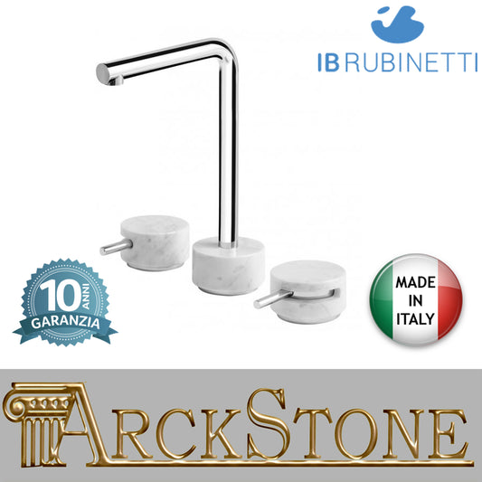 Miscelatore lavabo tre fori bocca alta marmo bianco Carrara marca IB rubinetti modello Marmo L rubinetteria rubinetto ottone cromato bagno fontana finitura cromo rivenditore autorizzato campania arredamento garanzia 10 anni made in italy azienda