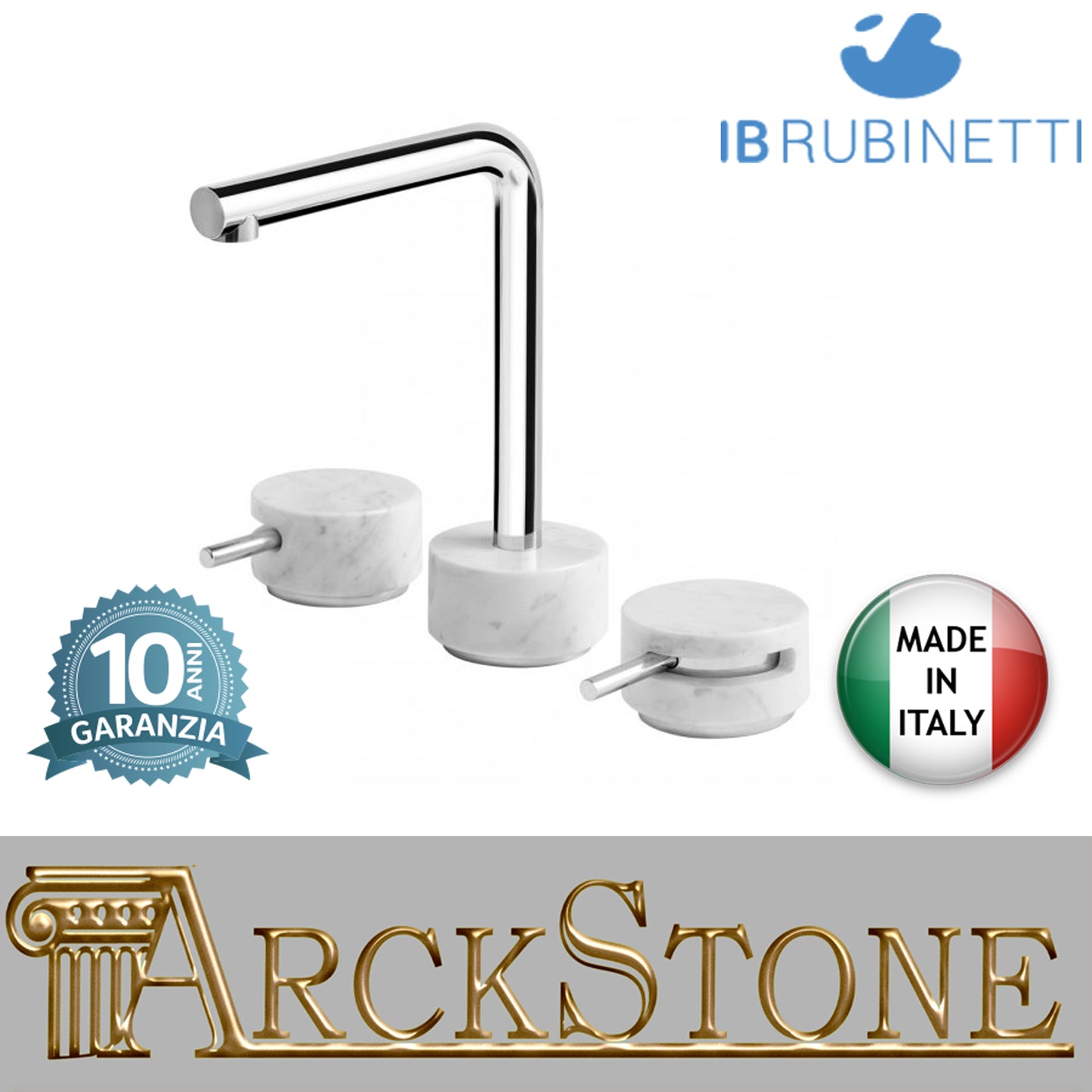 Miscelatore lavabo tre fori bocca bassa marmo bianco Carrara marca IB rubinetti modello Marmo L rubinetteria rubinetto ottone cromato bagno fontana finitura cromo rivenditore autorizzato campania arredamento garanzia 10 anni made in italy azienda
