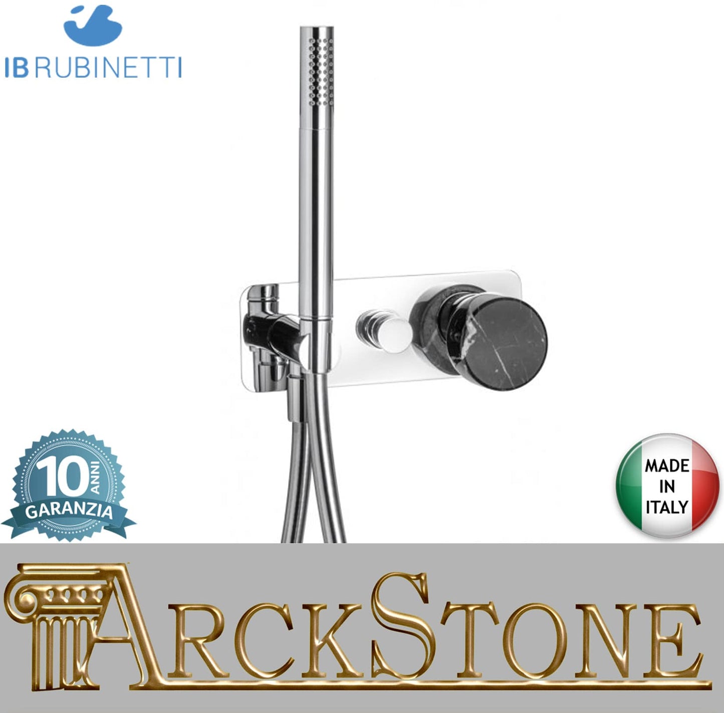 Miscelatore doccia incasso due vie con kit doccia integrato nella placca marmo nero Marquina marca IB rubinetti modello Marmo rubinetteria rubinetto ottone cromato bagno fontana finitura cromo rivenditore autorizzato campania arredamento qualità 