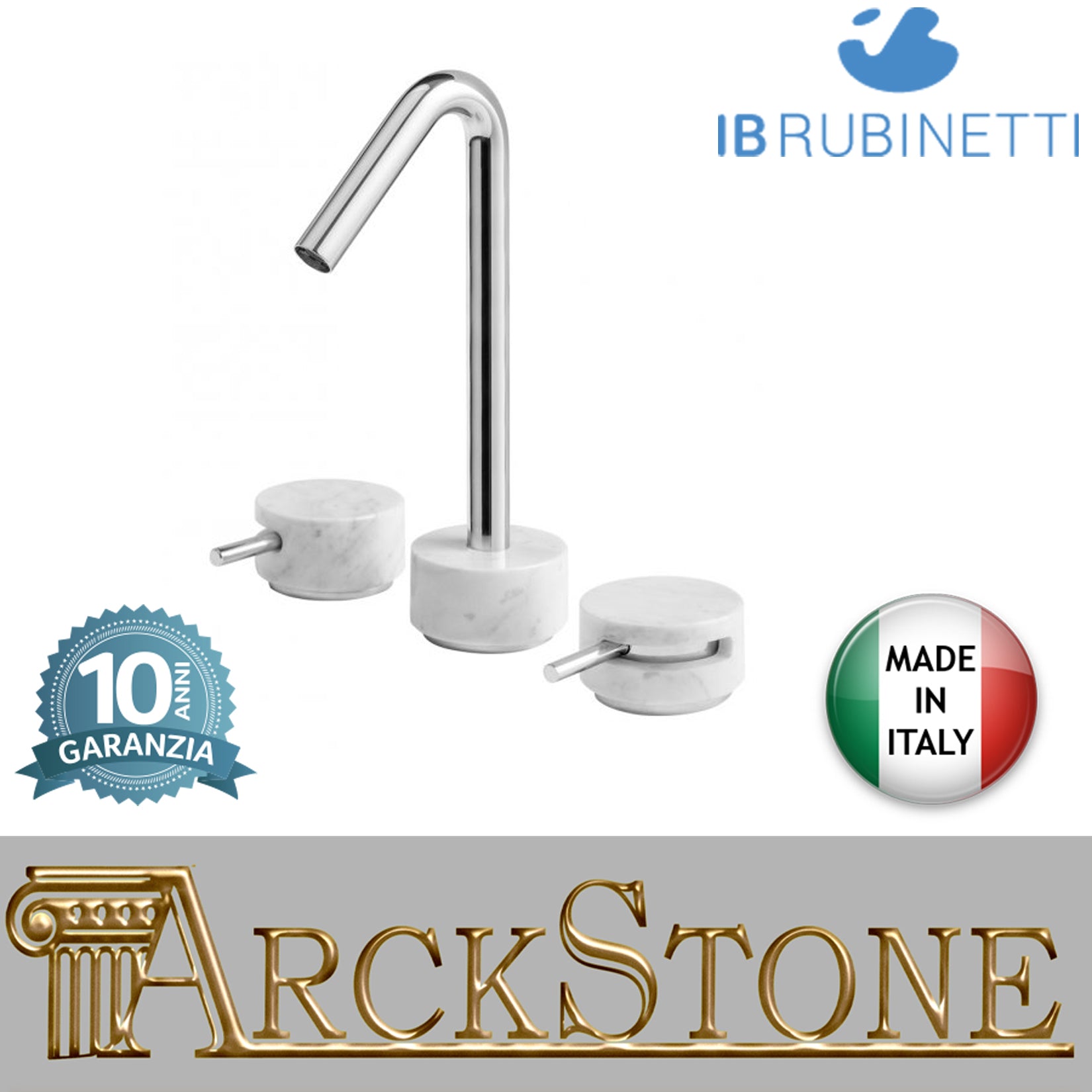 Miscelatore lavabo tre fori bocca alta marmo bianco Carrara marca IB rubinetti modello Marmo rubinetteria rubinetto ottone cromato bagno fontana finitura cromo rivenditore autorizzato campania arredamento qualità made in italy garanzia 10 anni azienda 