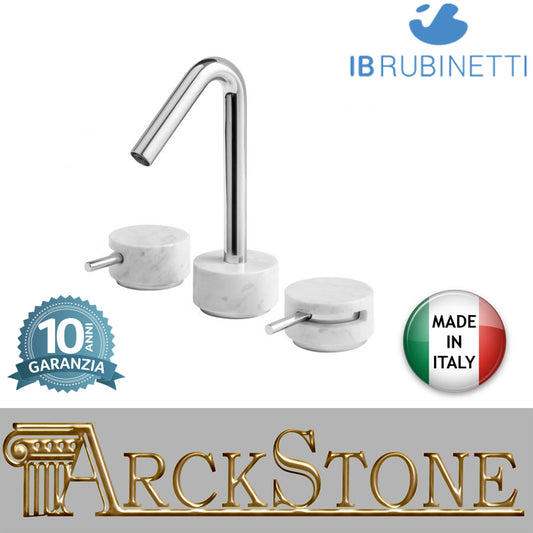 Miscelatore lavabo tre fori bocca bassa marmo bianco Carrara marca IB rubinetti modello Marmo rubinetteria rubinetto ottone cromato bagno fontana finitura cromo rivenditore autorizzato campania arredamento qualità made in italy garanzia 10 anni azienda 