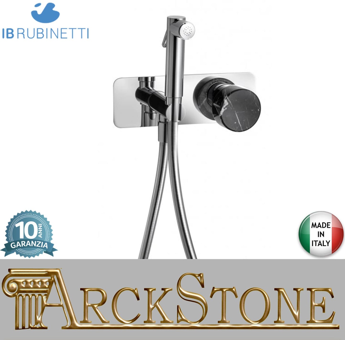 IB Rubinetti Marmo Nero Set Di Parti Esterne Incasso A Muro Con Piastra Per Idroscopino Igienico Con Miscelatore Per WC Materiale Ottone Finitura Cromata