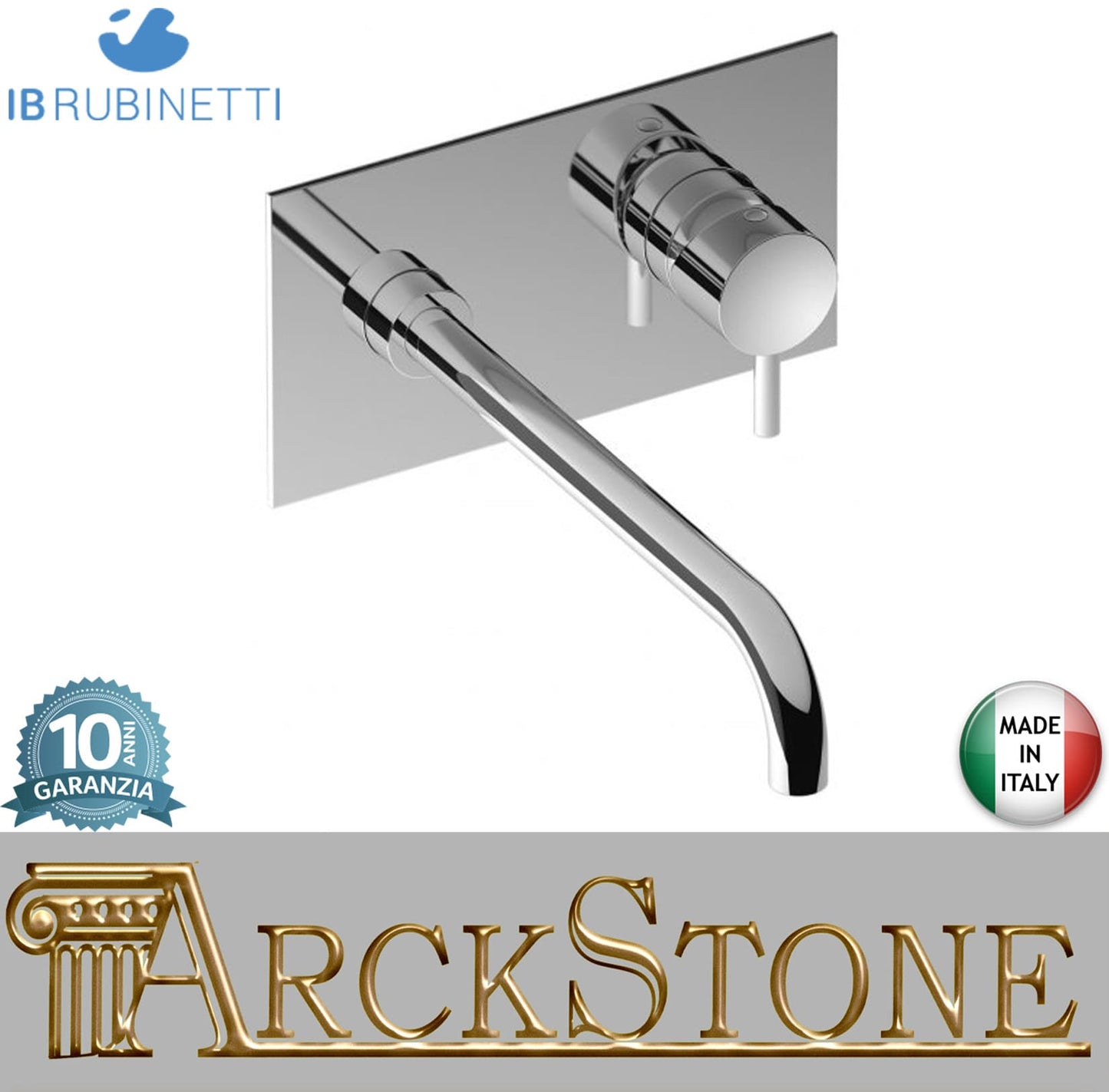 Miscelatore lavabo a parete con bocca lunga completo di piletta di scarico click-clack marca IB rubinetti modello MilanoTorino rubinetteria rubinetto ottone cromato bagno fontana finitura cromo rivenditore autorizzato campania arredamento qualità