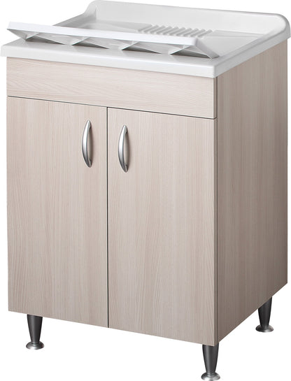 Negrari Eco Lavatoio Montato Misura 60x50 L60 P50 H85 CM Colore Olmo Interno Bagno Lavanderia Base Mobile Nobilitato Idrofugo Legno Vasca Asse Polipropilene Sifone Piedini Regolabili Ante Sportelli Battenti Economico Qualità Medio Alta 