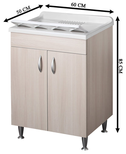 Negrari Eco Lavatoio Montato Misura 60x50 L60 P50 H85 CM Colore Olmo Interno Bagno Lavanderia Base Mobile Nobilitato Idrofugo Legno Vasca Asse Polipropilene Sifone Piedini Regolabili Ante Sportelli Battenti Economico Qualità Medio Alta 