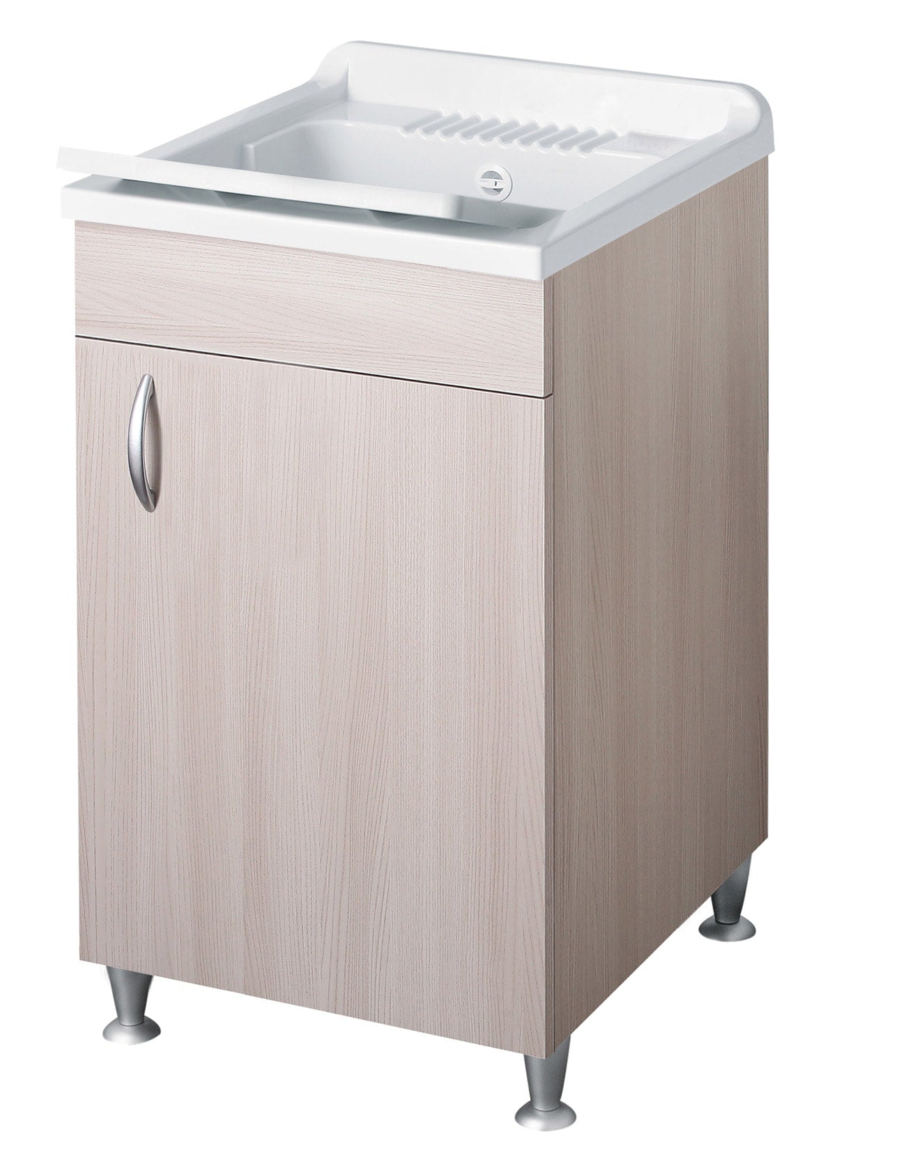 Negrari Eco Lavatoio Montato Misura 50x50 L50 P50 H85 CM Colore Olmo Interno Bagno Lavanderia Base Mobile Nobilitato Idrofugo Legno Vasca Asse Polipropilene Sifone Piedini Regolabili Ante Sportelli Battenti Economico Qualità Medio Alta 