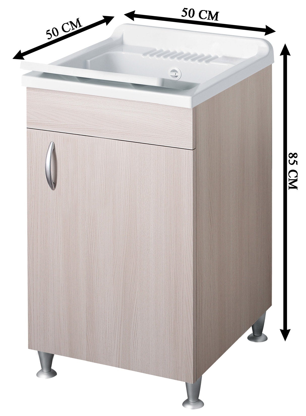 Negrari Eco Lavatoio Montato Misura 50x50 L50 P50 H85 CM Colore Olmo Interno Bagno Lavanderia Base Mobile Nobilitato Idrofugo Legno Vasca Asse Polipropilene Sifone Piedini Regolabili Ante Sportelli Battenti Economico Qualità Medio Alta 