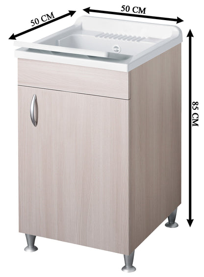 Negrari Eco Lavatoio Montato Misura 50x50 L50 P50 H85 CM Colore Olmo Interno Bagno Lavanderia Base Mobile Nobilitato Idrofugo Legno Vasca Asse Polipropilene Sifone Piedini Regolabili Ante Sportelli Battenti Economico Qualità Medio Alta 