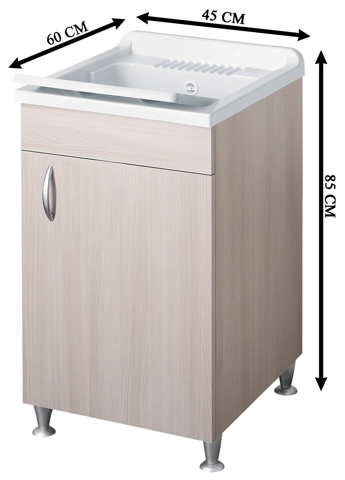 Negrari Eco Lavatoio Montato Misura 45x60 L45 P60 H85 CM Colore Olmo Interno Bagno Lavanderia Base Mobile Nobilitato Idrofugo Legno Vasca Asse Polipropilene Sifone Piedini Regolabili Ante Sportelli Battenti Economico Qualità Medio Alta 
