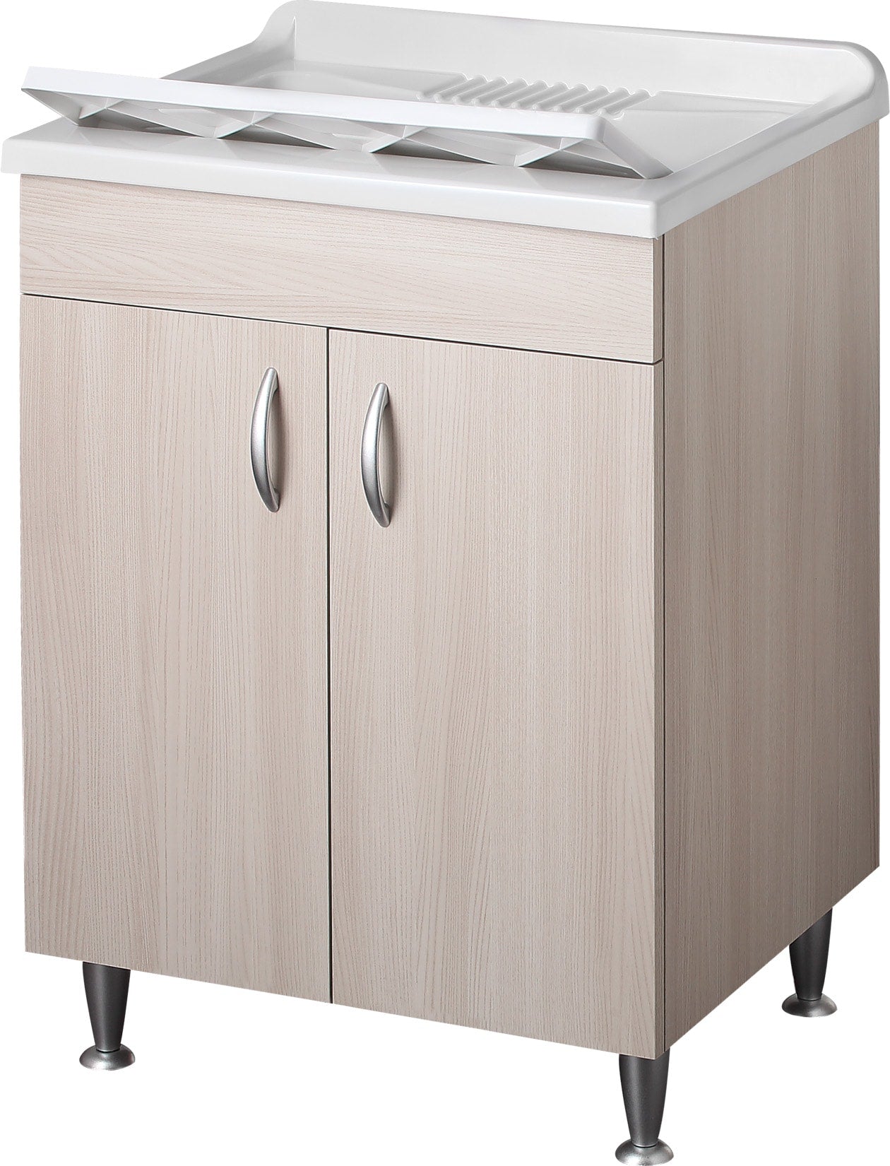 Negrari Eco Lavatoio Montato Misura 60x60 L60 P60 H85 CM Colore Olmo Interno Bagno Lavanderia Base Mobile Nobilitato Idrofugo Legno Vasca Asse Polipropilene Sifone Piedini Regolabili Ante Sportelli Battenti Economico Qualità Medio Alta 