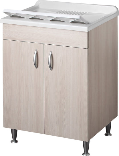 Negrari Eco Lavatoio Montato Misura 60x60 L60 P60 H85 CM Colore Olmo Interno Bagno Lavanderia Base Mobile Nobilitato Idrofugo Legno Vasca Asse Polipropilene Sifone Piedini Regolabili Ante Sportelli Battenti Economico Qualità Medio Alta 