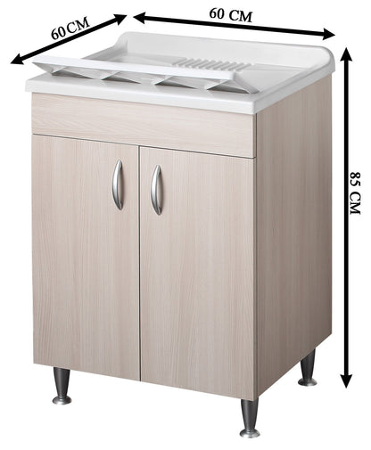 Negrari Eco Lavatoio Montato Misura 60x60 L60 P60 H85 CM Colore Olmo Interno Bagno Lavanderia Base Mobile Nobilitato Idrofugo Legno Vasca Asse Polipropilene Sifone Piedini Regolabili Ante Sportelli Battenti Economico Qualità Medio Alta 