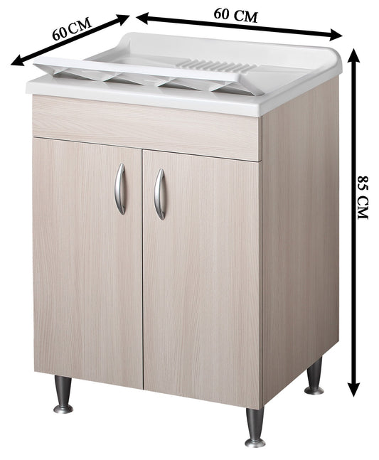 Negrari Eco Lavatoio Montato Misura 60x60 L60 P60 H85 CM Colore Olmo Interno Bagno Lavanderia Base Mobile Nobilitato Idrofugo Legno Vasca Asse Polipropilene Sifone Piedini Regolabili Ante Sportelli Battenti Economico Qualità Medio Alta 
