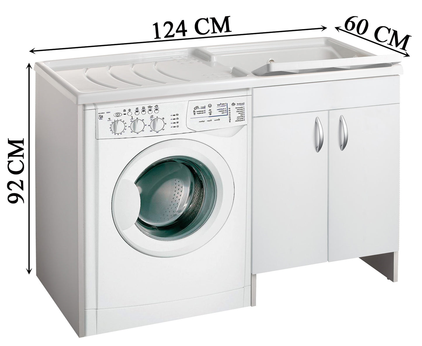 Negrari Eco Mobile Lavatoio Coprilavatrice Montato Vasca Destra Lavatrice Sinistra Colore Bianco Anta Battente Struttura Legno Nobilitato Idrofugo Vasca Asse Plastica Interno Bagno Lavanderia L124 P60 124x60 H92 cm