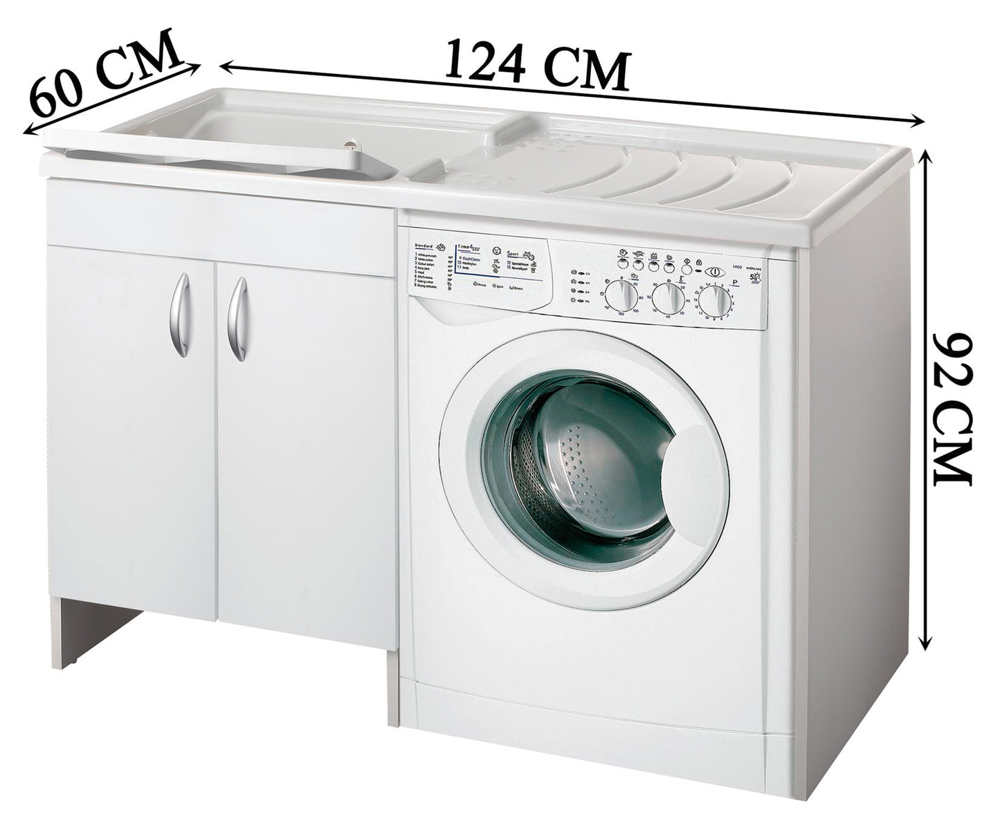 Negrari Eco Mobile Lavatoio Coprilavatrice Montato Vasca Sinistra Lavatrice Destra Colore Bianco Anta Battente Struttura Legno Nobilitato Idrofugo Vasca Asse Plastica Interno Bagno Lavanderia L124 P60 124x60 H92 cm