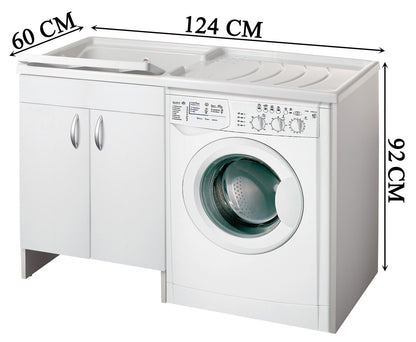 Negrari Eco Mobile Lavatoio Coprilavatrice Montato Vasca Sinistra Lavatrice Destra Colore Bianco Anta Battente Struttura Legno Nobilitato Idrofugo Vasca Asse Plastica Interno Bagno Lavanderia L124 P60 124x60 H92 cm