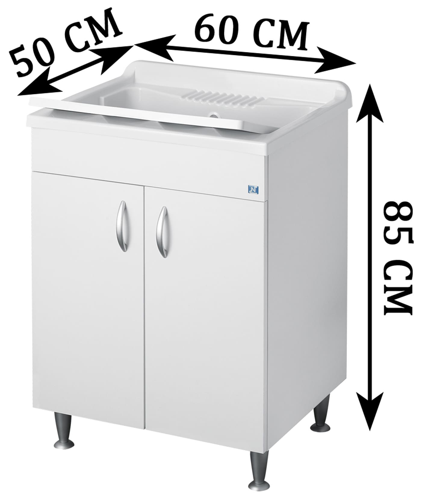 Negrari Eco Lavatoio Bianco Misura 60x50 L60 P50 H85 CM Lavapanni Interno Bagno Lavanderia Base Nobilitato Idrofugo Legno Vasca Lavabo Lavandino Lavello Resina Plastica Asse PP Sifone Piedini Regolabili Ante Sportelli Battenti Economico Qualità Medio Alta