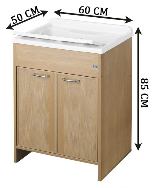 Negrari Garden Kit Montaggio Mobile Lavatoio Lavapanni Misura L60P50H85 60x50 H85 CM Effetto Legno Colore Frassino Lavanderia Bagno Ante Sportelli Battente Interno Esterno Out Maniglie Vasca Asse Lavaggio Lavabo Plastica Resina PVC Sifone Resistente Acqua