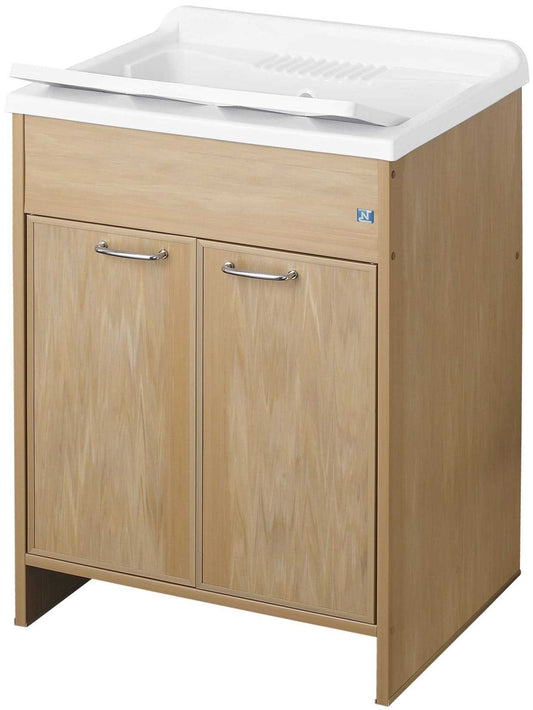 Negrari Garden Kit Montaggio Mobile Lavatoio Lavapanni Misura L60P50H85 60x50 H85 CM Effetto Legno Colore Frassino Lavanderia Bagno Ante Sportelli Battente Interno Esterno Out Maniglie Vasca Asse Lavaggio Lavabo Plastica Resina PVC Sifone Resistente Acqua