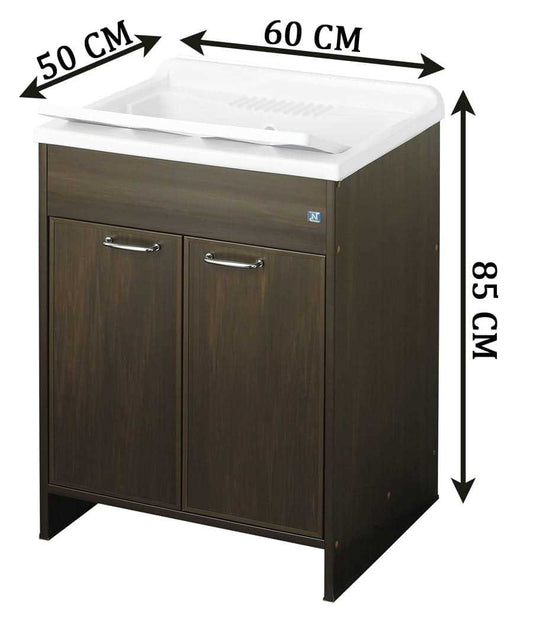 Negrari Garden Kit Montaggio Mobile Lavatoio Lavapanni Marca Misura L60P50H85 60x50 H85 CM Effetto Legno Wengè Lavanderia Bagno 2 Due Ante Sportelli Battente Interno Esterno Maniglie Vasca Asse Lavaggio Lavabo Plastica Resina PVC Sifone Piedini Regolabili