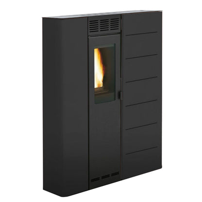 Stufa Pellet Salvaspazio Aria Calda Ventilata Canalizzabile Palazzetti Violetta 7 Potenza 7,4 KW Nero Slim Sottile Profondità Ridotta Da Corridoio