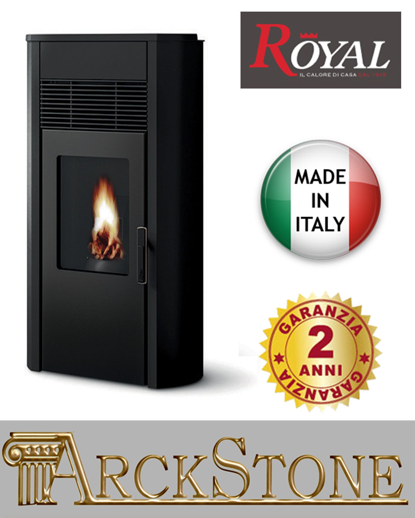 Stufa Pellet Aria Calda Ventilata Royal Palazzetti Roberta Air 120 Colore Rivestimento Nero Potenza 13,9 Kw
