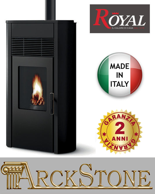 Stufa Pellet Aria Ventilata Royal Palazzetti Roberta Air 80 US Nero 9,3 Kw Uscita Fumi Superiore Braciere Ghisa Ampio Cassetto Cenere Estraibile Rivestimento Acciaio Top Ceramica Display Comandi Sfioramento Orario Canalizzabile Esterno