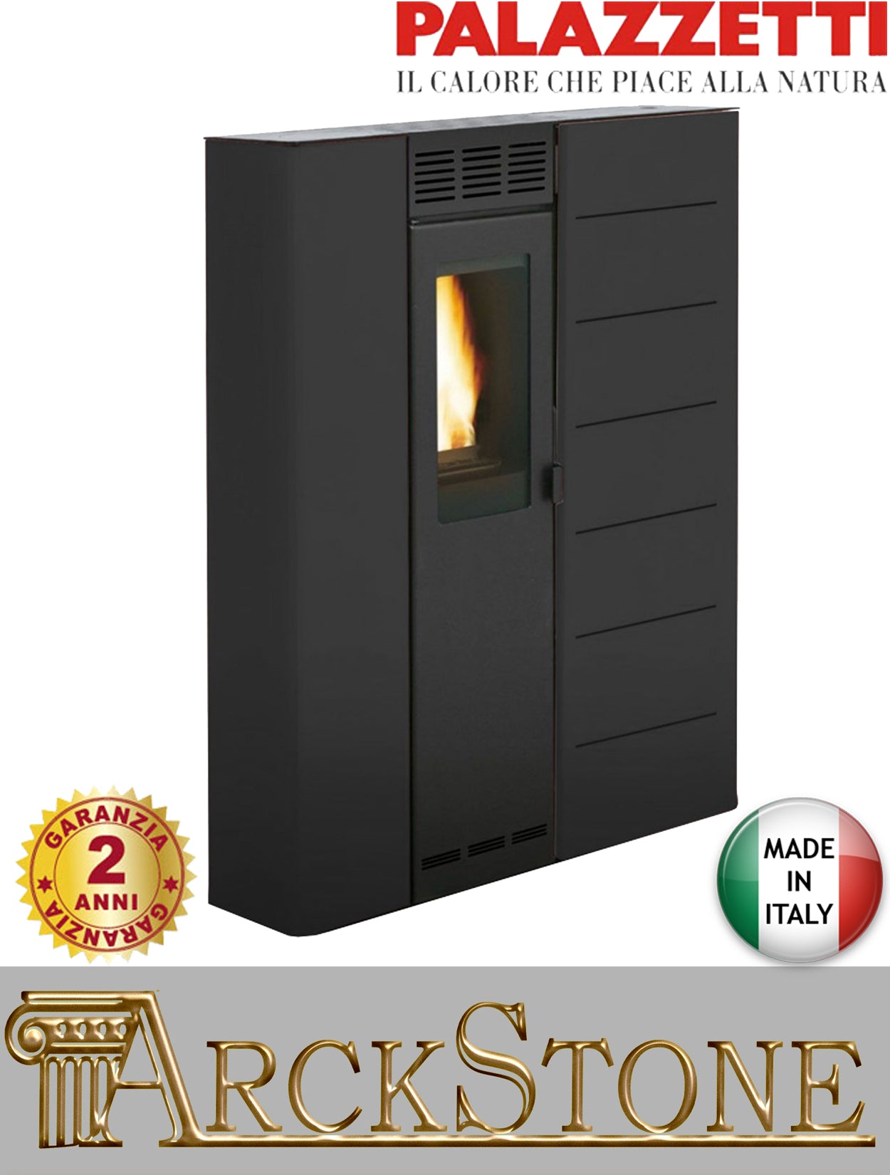 Stufa Pellet Salvaspazio Aria Calda Ventilata Canalizzabile Palazzetti Violetta 7 Potenza 7,4 KW Nero Slim Sottile Profondità Ridotta Da Corridoio