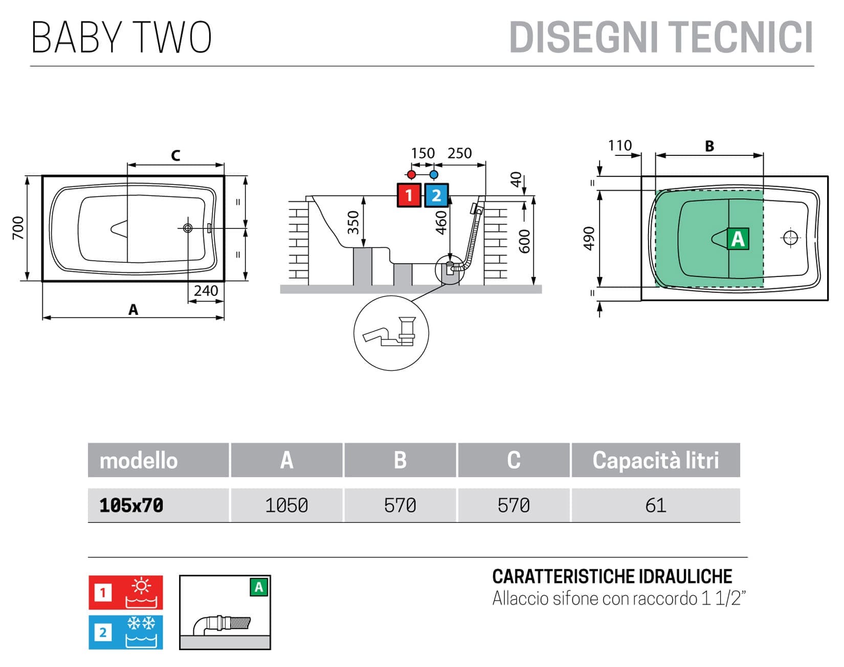 Novellini Baby Two da incasso misura 105x70x46h cm Capienza 61 Litri LT Arredo Vasca Vaschetta Mini Piccola Bagno Rettangolare Squadrata Guscio Tradizionale Acrilico Finitura Bianco Lucido Acqua Idrorepellente Seduta Sedile Appoggio Casa