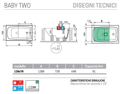 Novellini Baby Two da incasso misura 120x70x45h cm Capienza 81 Litri LT Arredo Vasca Vaschetta Mini Piccola Bagno Rettangolare Squadrata Guscio Tradizionale Acrilico Finitura Bianco Lucido Acqua Idrorepellente Seduta Sedile Appoggio Casa