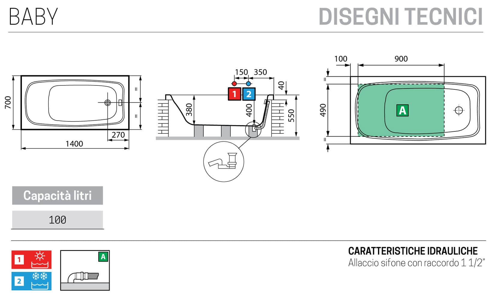 Novellini Baby da incasso misura 140x70x40h cm Capienza 100 Litri LT Arredo Vasca Vaschetta Bagno Rettangolare Squadrata Guscio Tradizionale Acrilico Finitura Bianco Lucido Acqua Idrorepellente Casa