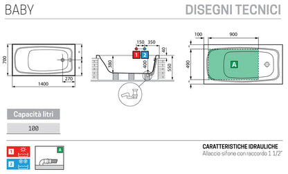 Novellini Baby da incasso misura 140x70x40h cm Capienza 100 Litri LT Arredo Vasca Vaschetta Bagno Rettangolare Squadrata Guscio Tradizionale Acrilico Finitura Bianco Lucido Acqua Idrorepellente Casa