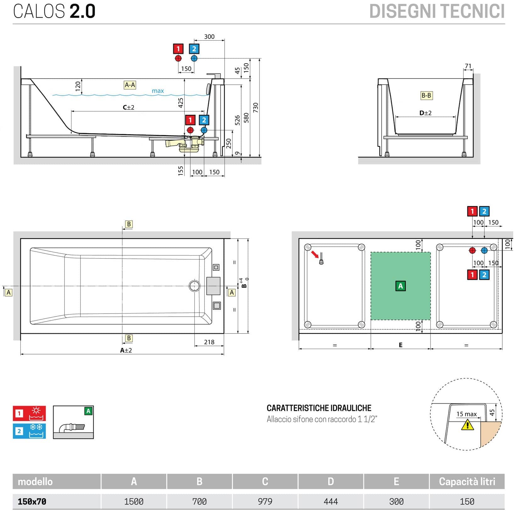 Novellini Calos 2.0 Vasca da Bagno Versione Standard con Telaio Misura 150x70 Altezza 58 cm Installazione Reversibile Forma Rettangolare 1 Pannello Frontale 1 Laterale Materiale Acrilico Colore Bianco Lucido Colonna di Scarico Con Rubinetteria Poggiatesta