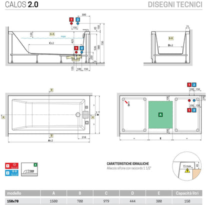 Novellini Calos 2.0 Vasca da Bagno Versione Standard con Telaio Misura 150x70 Altezza 58 cm Installazione Reversibile Forma Rettangolare 1 Pannello Frontale 1 Laterale Materiale Acrilico Colore Bianco Lucido Colonna di Scarico Con Rubinetteria Poggiatesta