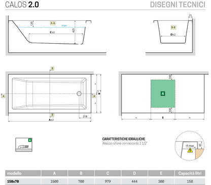 Novellini Calos 2.0 Arredo Vasca Vaschetta Bagno Rettangolare Standard da incasso misura 150x70x58 cm Capienza 150 Litri Squadrata Guscio Tradizionale Acrilico Finitura Bianco Lucido Acqua Idrorepellente Seduta Appoggio Casa Reversibile