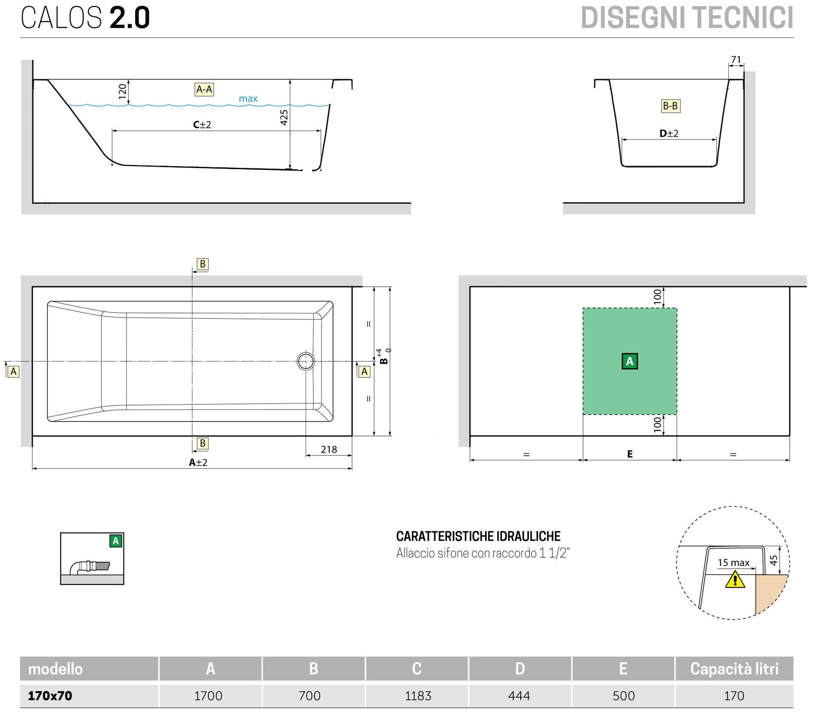 Novellini Calos 2.0 Arredo Vasca Vaschetta Bagno Rettangolare Standard da incasso misura 170x70x58 cm Capienza 170 Litri Squadrata Guscio Tradizionale Acrilico Finitura Bianco Lucido Acqua Idrorepellente Seduta Appoggio Casa Reversibile
